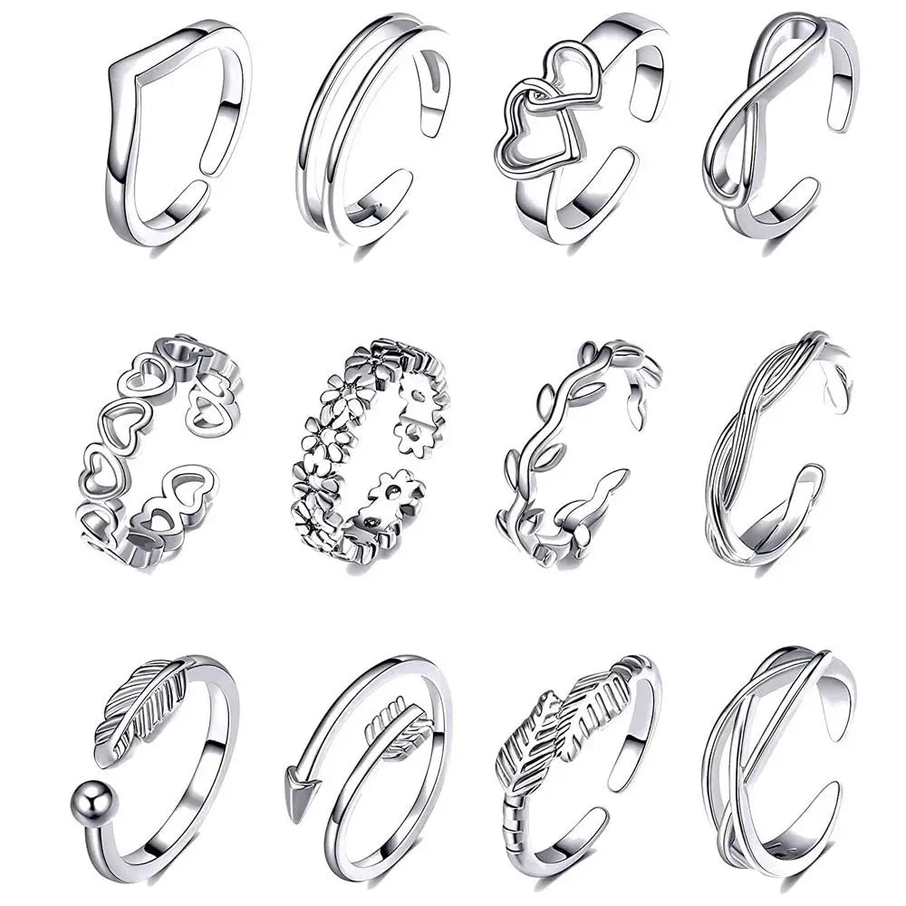 12pcs Summer Toe Rings For Women Outdoor Beach Vacation Open Adjustable Metal Women's Foot Ring Heart Foot Ring Set