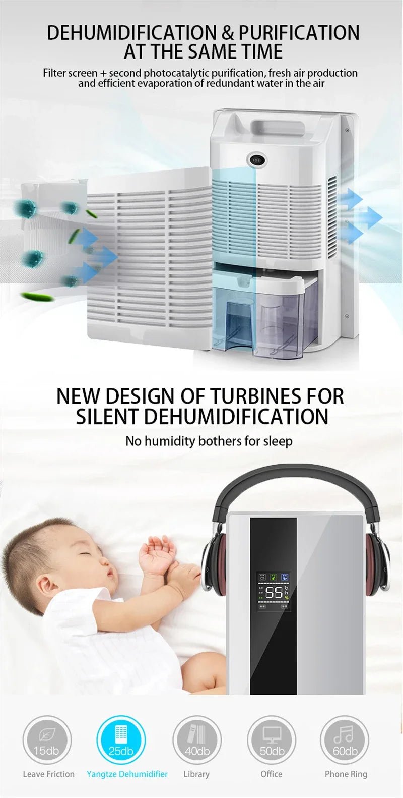 2 in 1 Dehumidifier and Air Purifier Moisture Absorber Household Mute Bedroom Basement Remote Control Timing External Water Pipe - memorylane shop