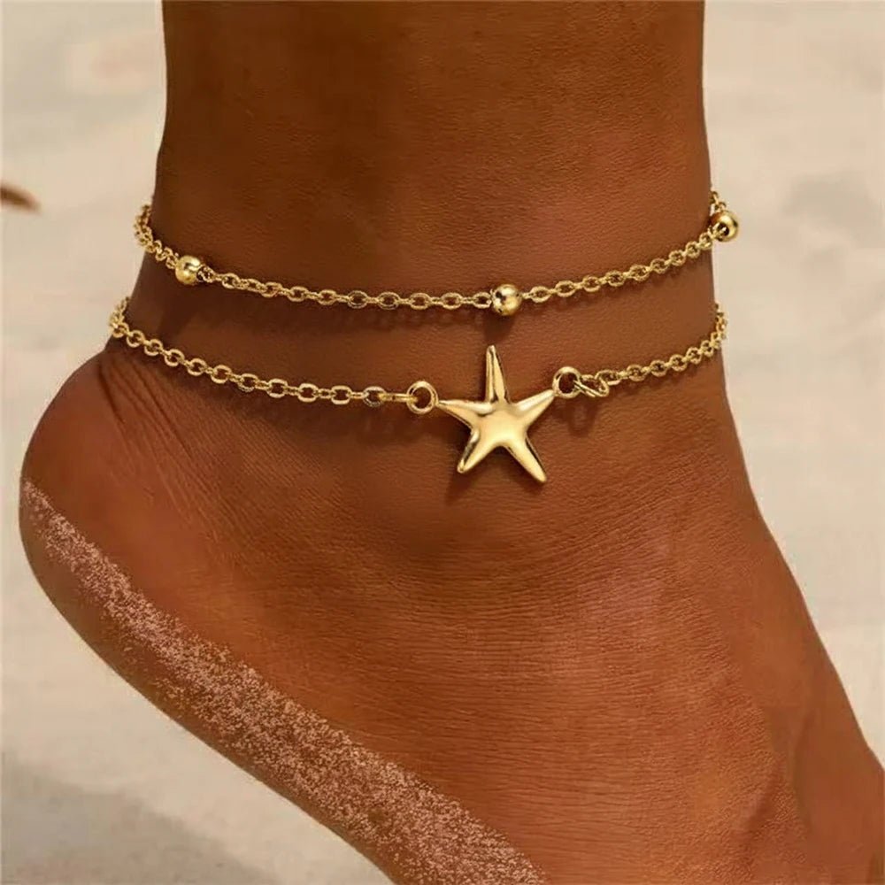 Summer Beach Starfish Pendant Anklet: Stainless Steel Women’s Double - Strand Beaded Anklet – Bohemian - Style Beach Footwear Gift - memorylane shop
