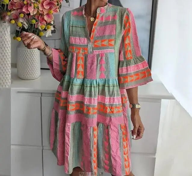 Printed V - neck seven quarter sleeve dress - memorylane shop