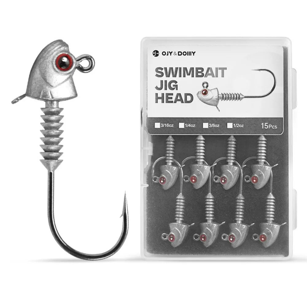 15PCS Swimbait Hook Jig Head High Strength Fishing Worm Lure Hooks For Seawater Freshwater Fishhook Fishing Tackle Luminous Eyes