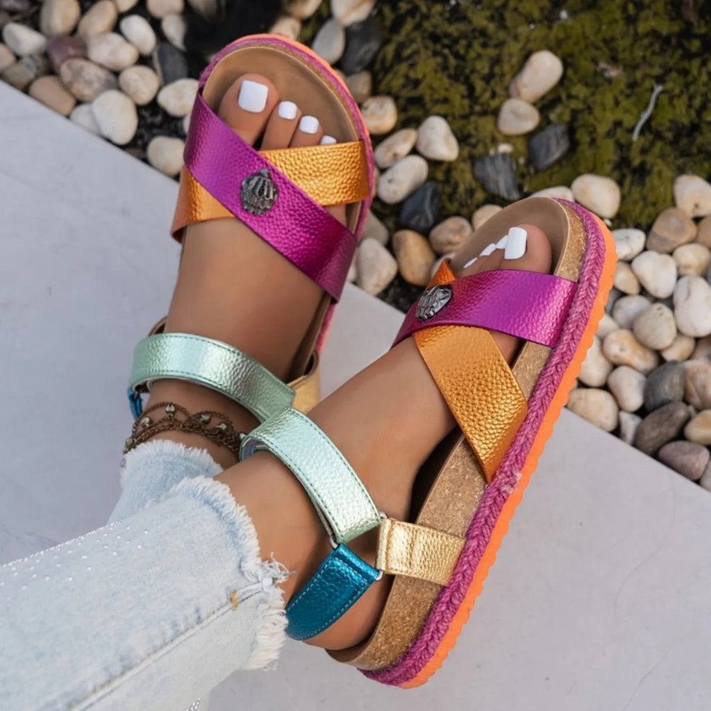 Summer Women Sandals 2026 Fashionable Color Ankle Strap Round Toe Thick Soled Female Shoes New Trendy Casual Comfort Sandals - memorylane shop