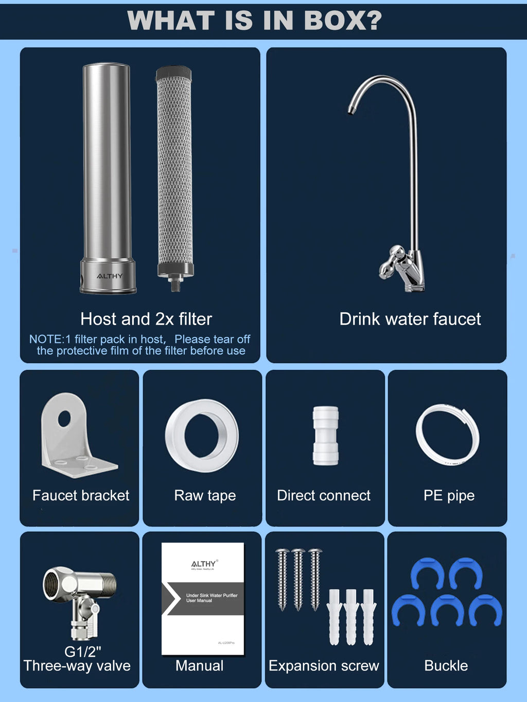 ALTHY U200PRO Kitchen Under Sink Drinking Water Filter Purifier 5 in 1, Stainless Steel Filtration System With Faucet - memorylane shop