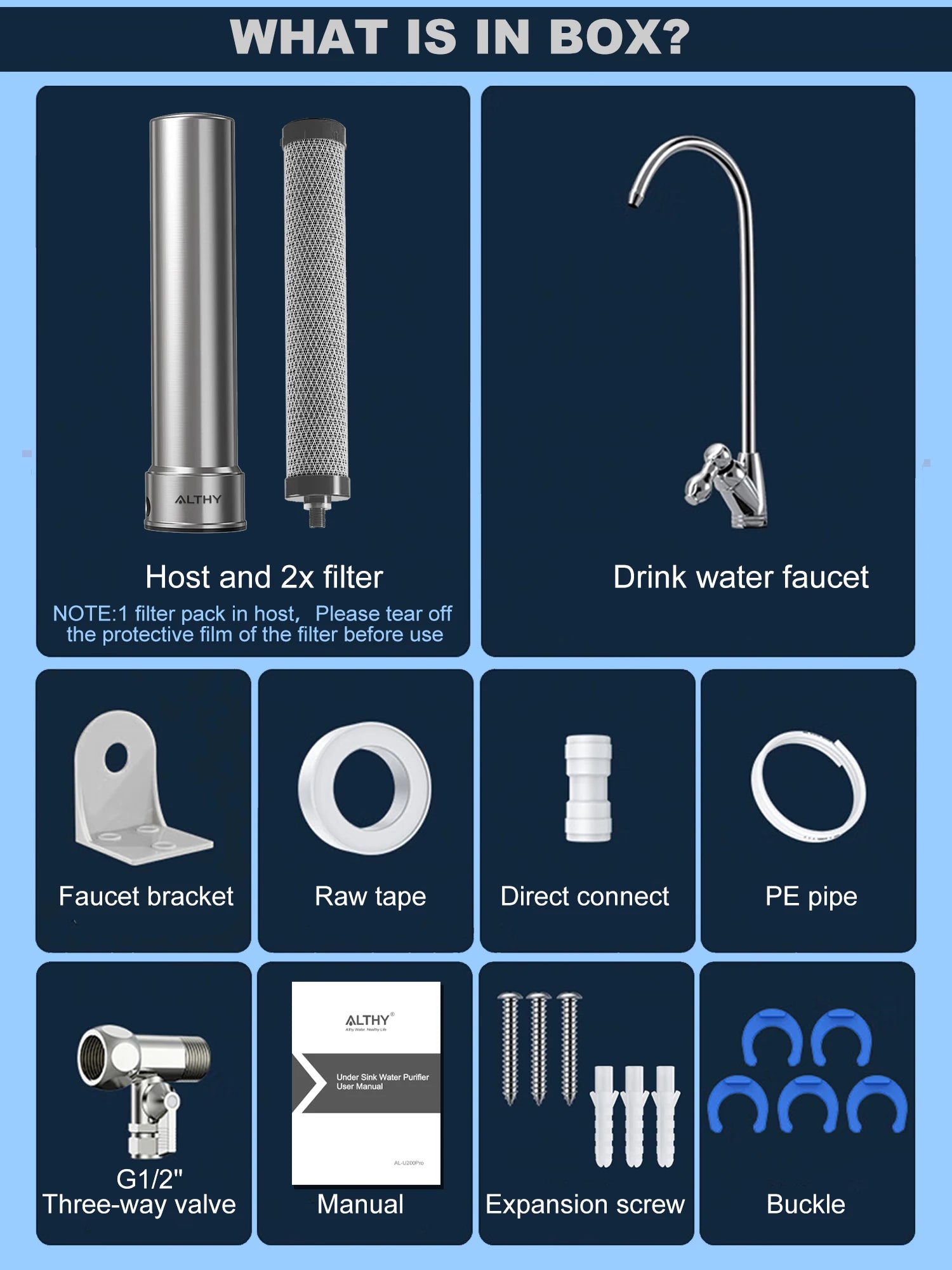 ALTHY U200PRO Kitchen Under Sink Drinking Water Filter Purifier 5 in 1, Stainless Steel Filtration System With Faucet - memorylane shop