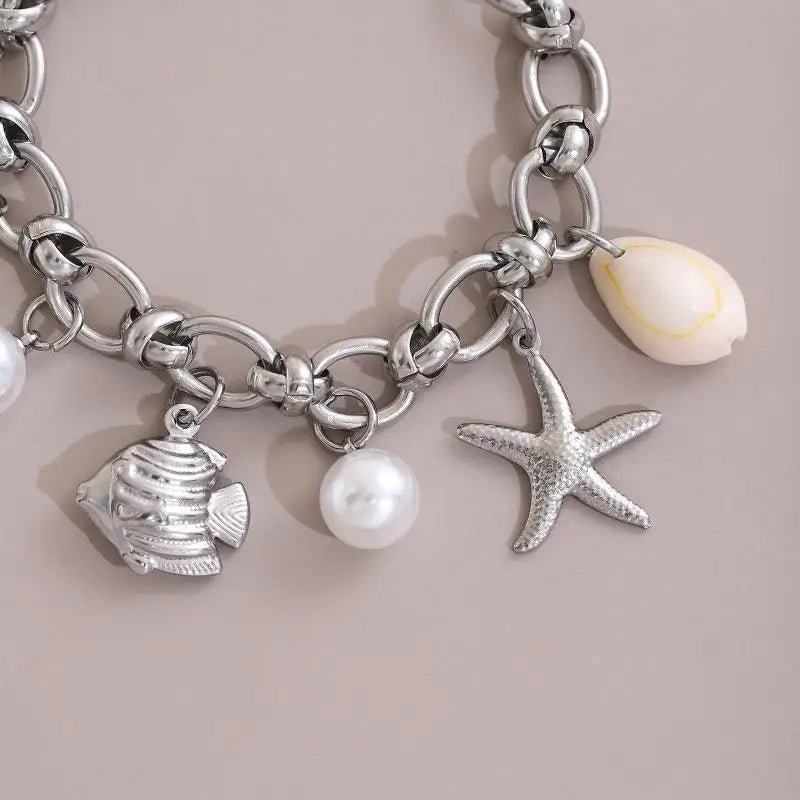 Summer Beach Stainless Steel Bracelets For Women Starfish Shell Ocean Style Pendant Bohemian Jewelry Gift Fashionable ResortWear - memorylane shop
