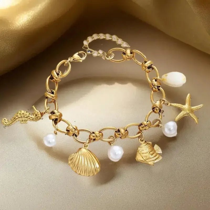 Summer Beach Stainless Steel Bracelets For Women Starfish Shell Ocean Style Pendant Bohemian Jewelry Gift Fashionable ResortWear - memorylane shop