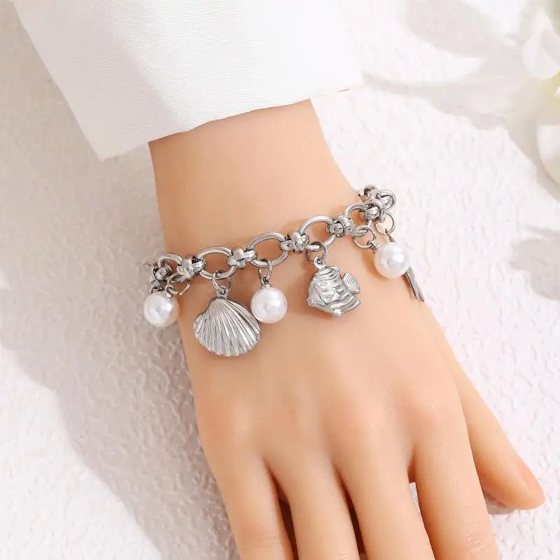 Summer Beach Stainless Steel Bracelets For Women Starfish Shell Ocean Style Pendant Bohemian Jewelry Gift Fashionable ResortWear - memorylane shop