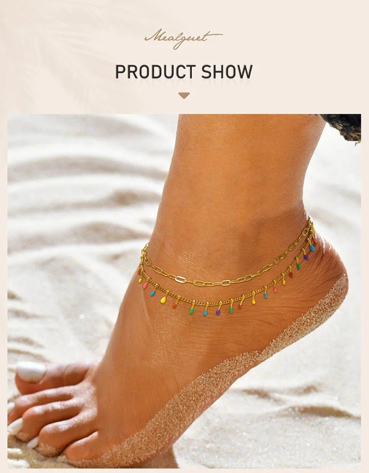 Summer Beach Boho Anklets for Women, Doule Layered Colorful Tassel Foot Chain Ankle,adjustable Leg Bracelets Bodychain Gifts - memorylane shop