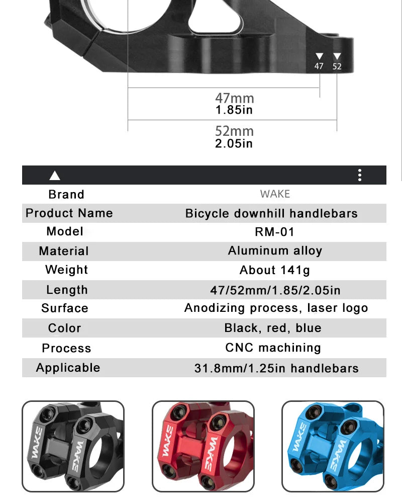 Wake Bike Short Stem Aluminum Alloy Mountain Downhill CNC Bike Handlebar Stem 31.8mm MTB Lightweight Short Stem Bike Accessories
