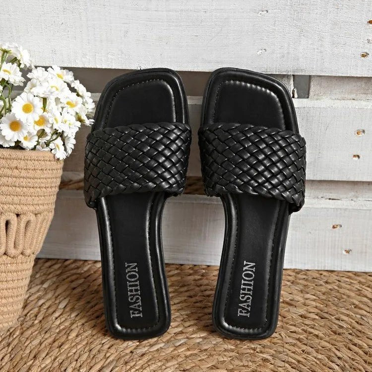 Summer Women's Sandals Luxury Fashion Flat Bottom Slippers Casual Simple Solid Colour One Word Woven Strap Sandy Beach Sandals - memorylane shop