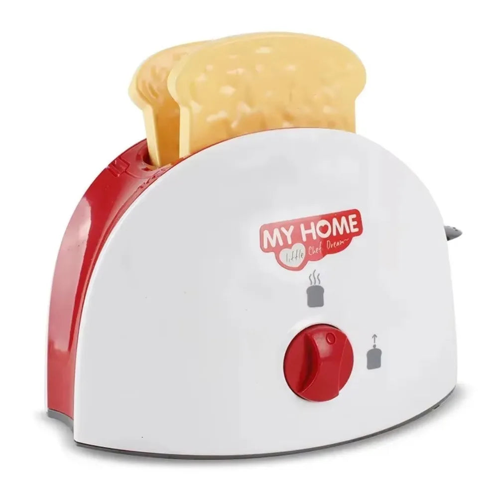 White and red toaster with a slice of bread on a white background