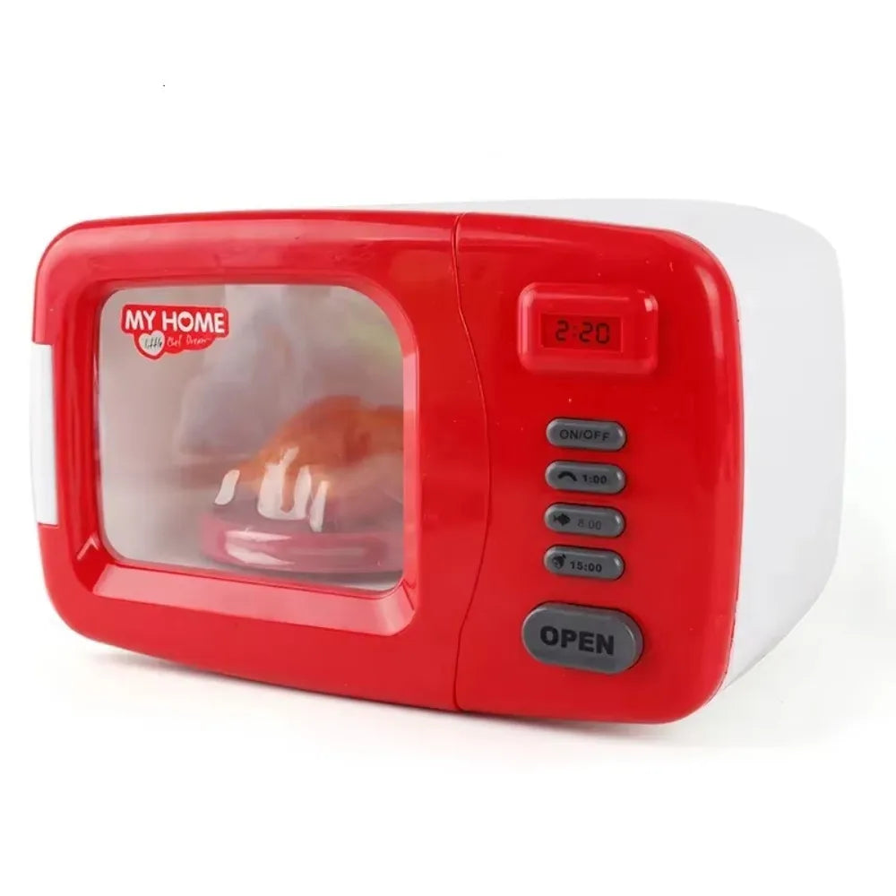 Red toy microwave oven with digital display and buttons on a white background
