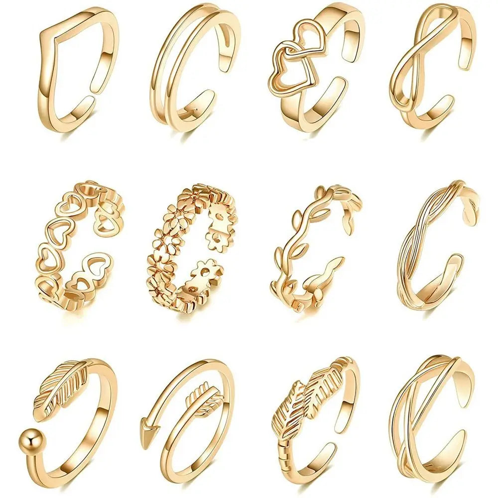 12pcs Summer Toe Rings For Women Outdoor Beach Vacation Open Adjustable Metal Women's Foot Ring Heart Foot Ring Set