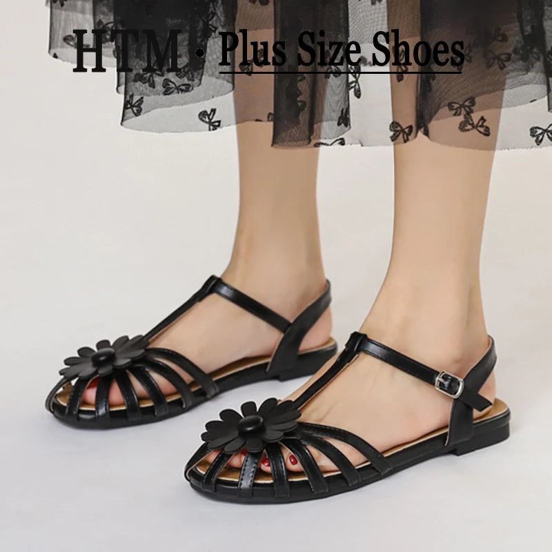 Summer Flat Sandals for Women Braided Hollow Closed-toe Sandals Outdoor Wear Breathable Holiday Roman Shoes sandalias de mujer