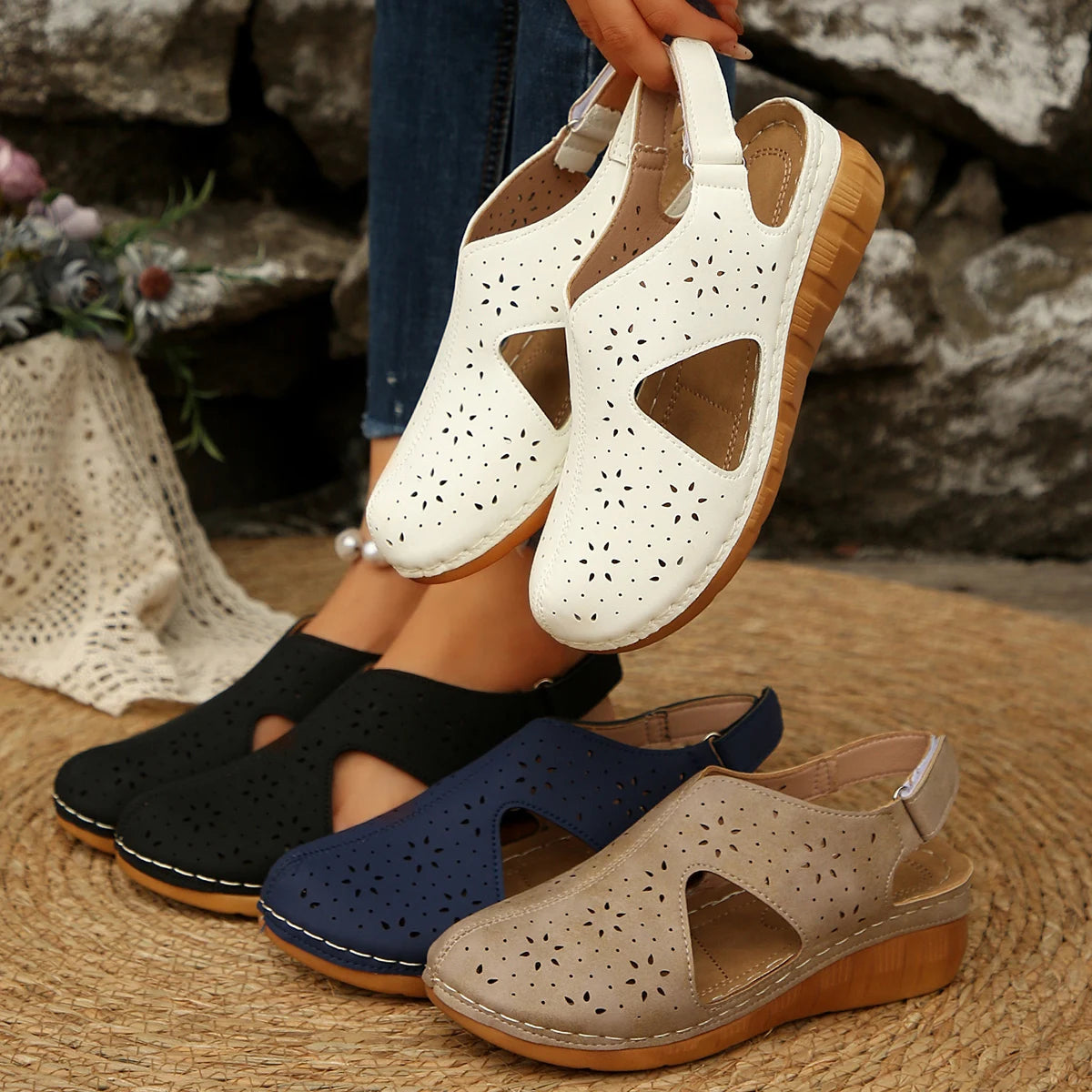 Summer Women 2026 Sandals Platform Fashion Sandals Hollow Out Buckle Roman Style Shoes Women Lightweight Slip-On Shoes Ladies