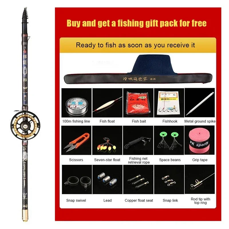 High Carbon Variable 4.5-10M Multi Positioning Hollow Fishing Rod and Reel Combo Set Ultralight Superhard Stream Hand Pole Set