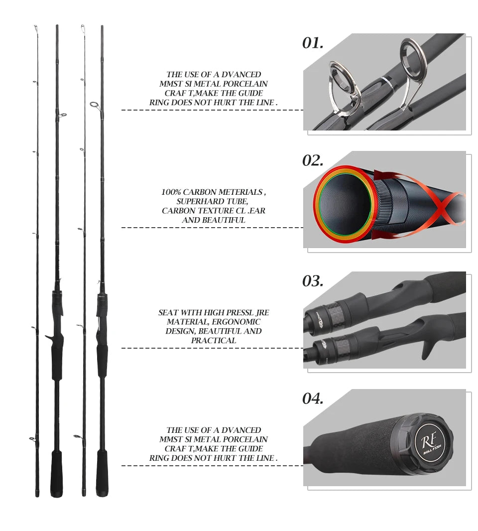 ROLLFISH Carbon Fiber Spinning Casting Fishing Rod M Power Fast Action For Freshwater & Saltwater Bass Trout Carp Fish