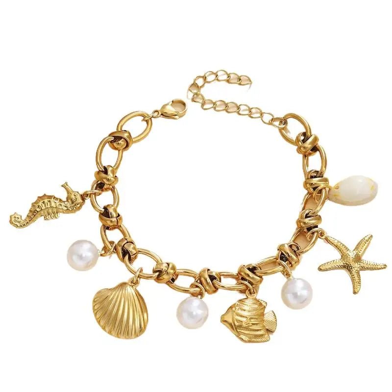 Summer Beach Stainless Steel Bracelets For Women Starfish Shell Ocean Style Pendant Bohemian Jewelry Gift Fashionable ResortWear - memorylane shop