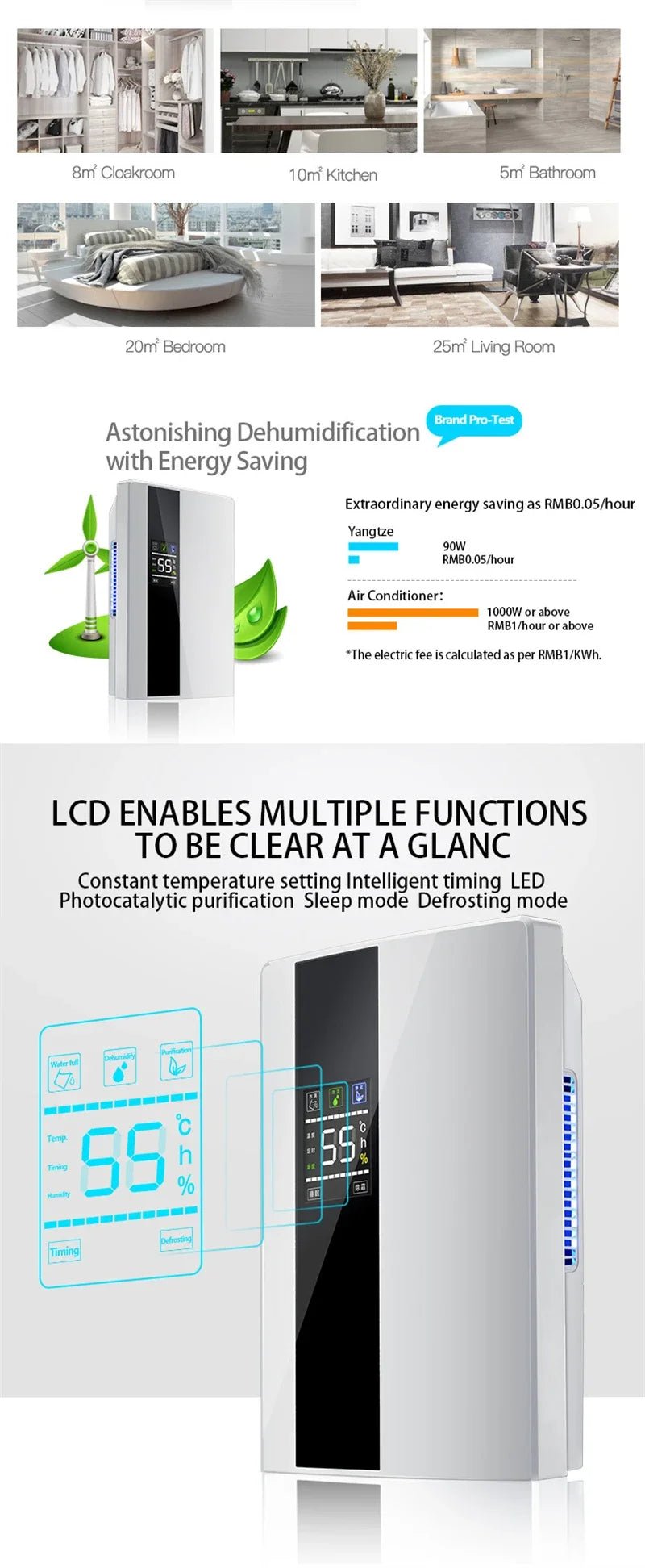 2 in 1 Dehumidifier and Air Purifier Moisture Absorber Household Mute Bedroom Basement Remote Control Timing External Water Pipe - memorylane shop