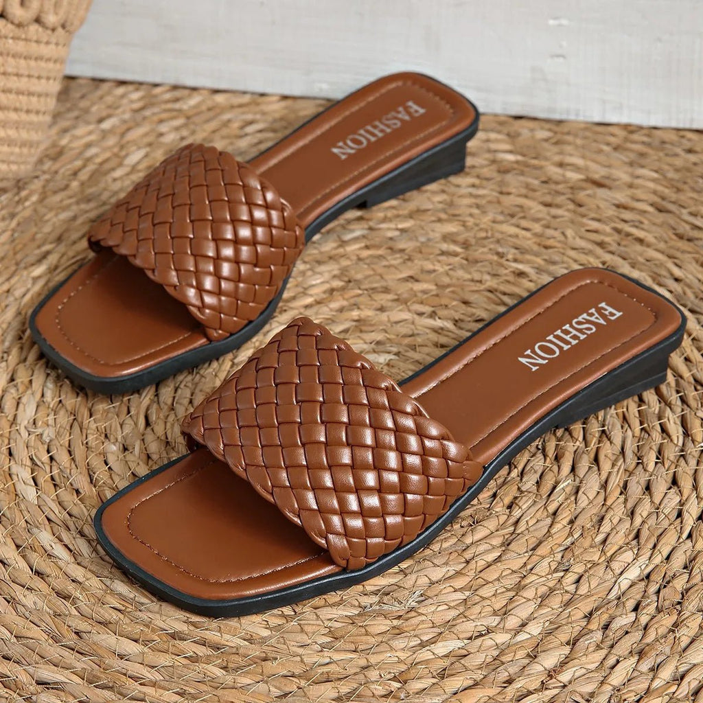 Summer Women's Sandals Luxury Fashion Flat Bottom Slippers Casual Simple Solid Colour One Word Woven Strap Sandy Beach Sandals - memorylane shop