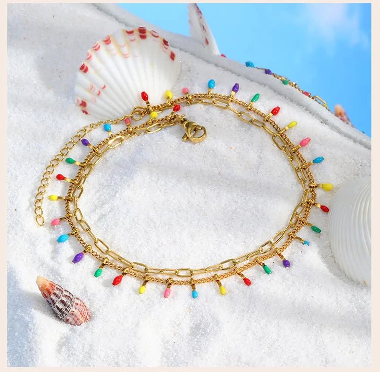 Summer Beach Boho Anklets for Women, Doule Layered Colorful Tassel Foot Chain Ankle,adjustable Leg Bracelets Bodychain Gifts - memorylane shop