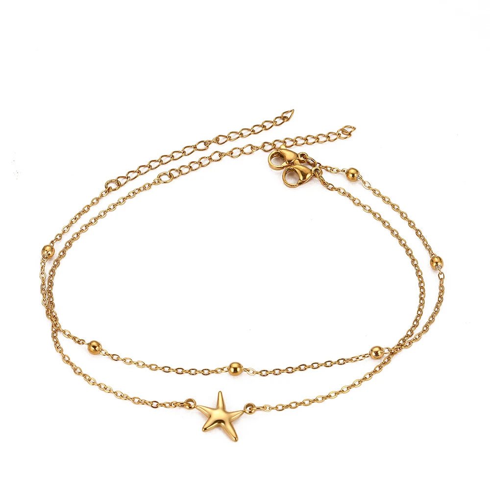Summer Beach Starfish Pendant Anklet: Stainless Steel Women’s Double - Strand Beaded Anklet – Bohemian - Style Beach Footwear Gift - memorylane shop