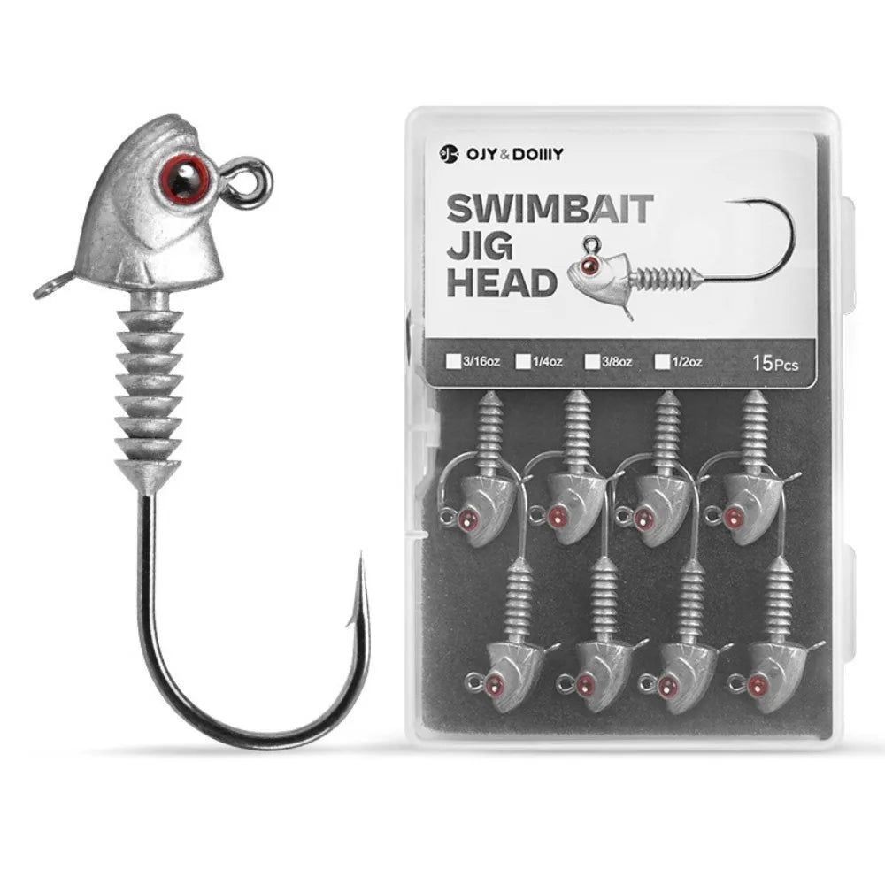 15PCS Swimbait Hook Jig Head High Strength Fishing Worm Lure Hooks For Seawater Freshwater Fishhook Fishing Tackle Luminous Eyes