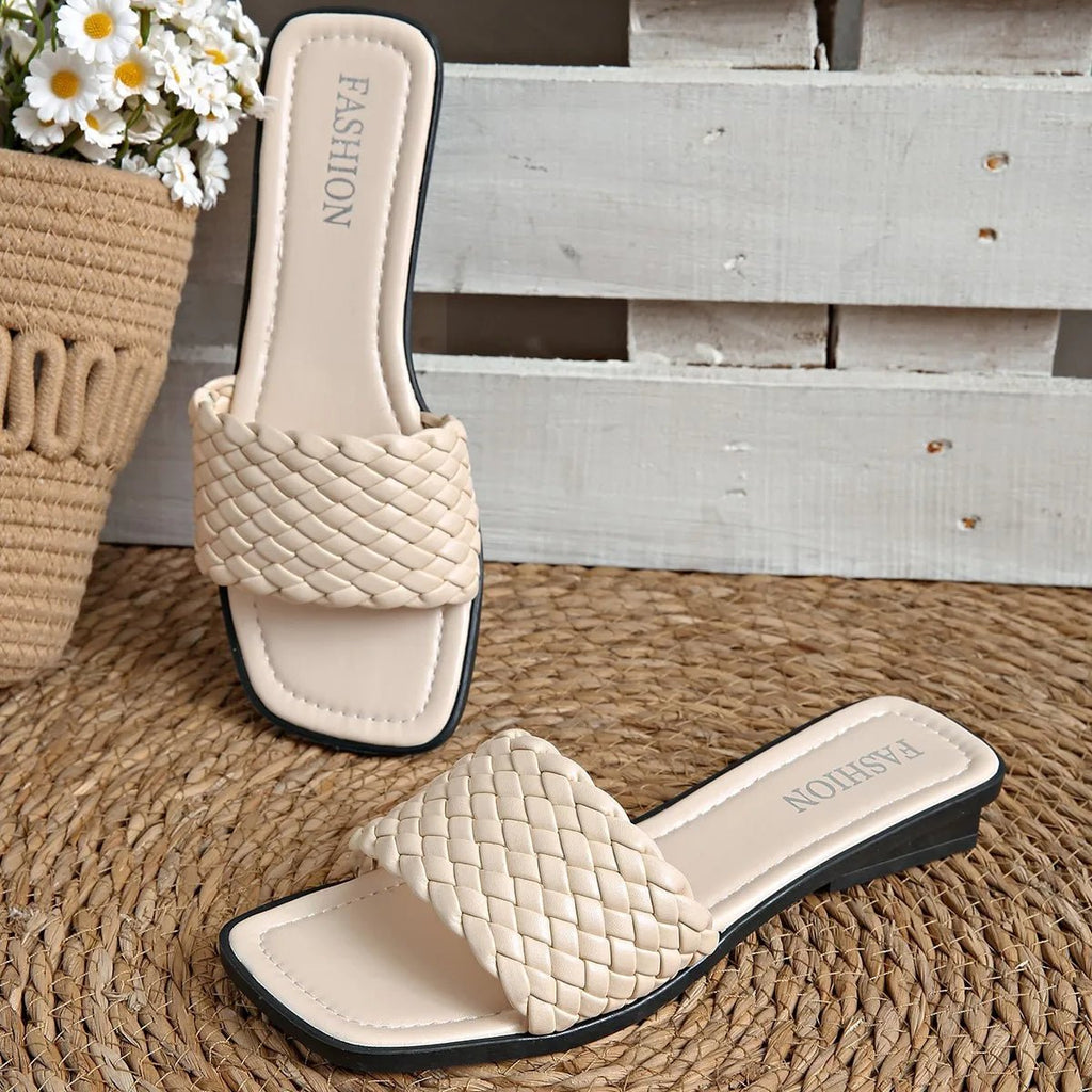 Summer Women's Sandals Luxury Fashion Flat Bottom Slippers Casual Simple Solid Colour One Word Woven Strap Sandy Beach Sandals - memorylane shop