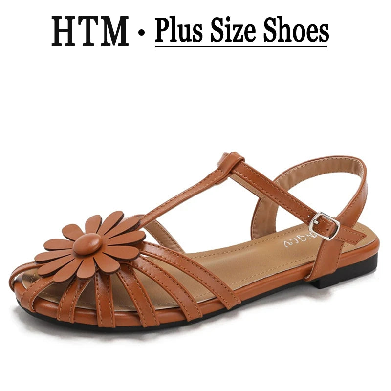 Summer Flat Sandals for Women Braided Hollow Closed-toe Sandals Outdoor Wear Breathable Holiday Roman Shoes sandalias de mujer