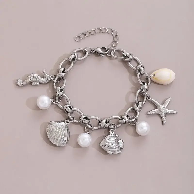 Summer Beach Stainless Steel Bracelets For Women Starfish Shell Ocean Style Pendant Bohemian Jewelry Gift Fashionable ResortWear - memorylane shop