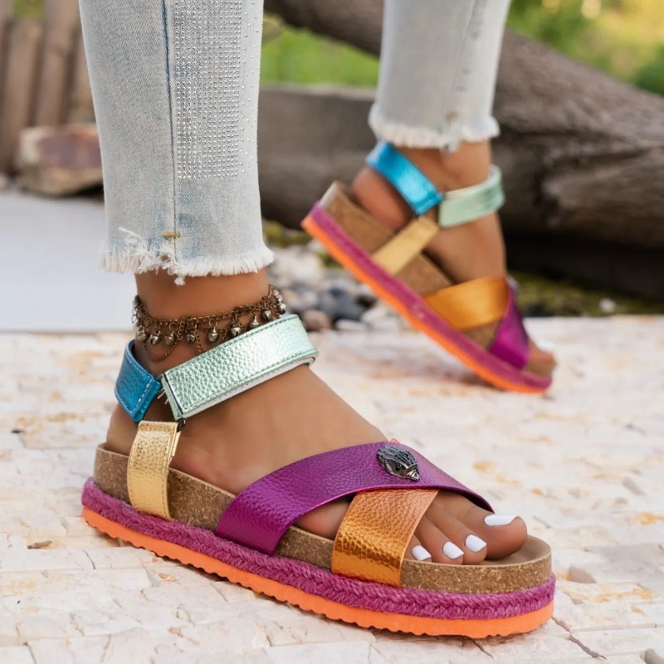 Summer Women Sandals 2026 Fashionable Color Ankle Strap Round Toe Thick Soled Female Shoes New Trendy Casual Comfort Sandals - memorylane shop