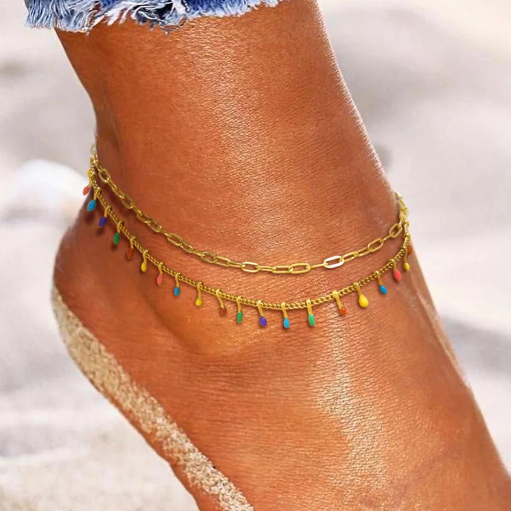 Summer Beach Boho Anklets for Women, Doule Layered Colorful Tassel Foot Chain Ankle,adjustable Leg Bracelets Bodychain Gifts - memorylane shop