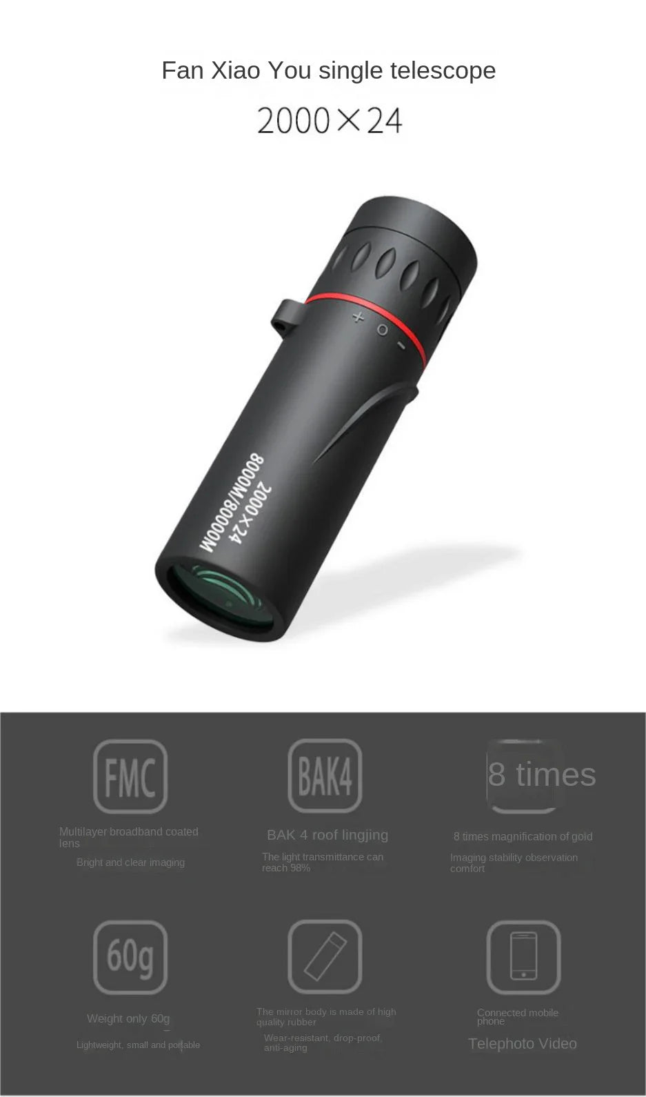 2000x24 HD Monocular Telescope Mini Portable Mobile Phone Telescope with Holder Outdoor Camping Hunting Birdwatching Telescopes