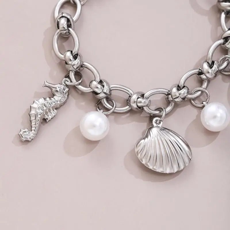 Summer Beach Stainless Steel Bracelets For Women Starfish Shell Ocean Style Pendant Bohemian Jewelry Gift Fashionable ResortWear - memorylane shop