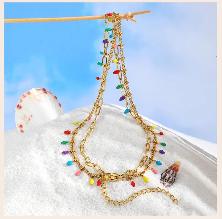 Summer Beach Boho Anklets for Women, Doule Layered Colorful Tassel Foot Chain Ankle,adjustable Leg Bracelets Bodychain Gifts - memorylane shop
