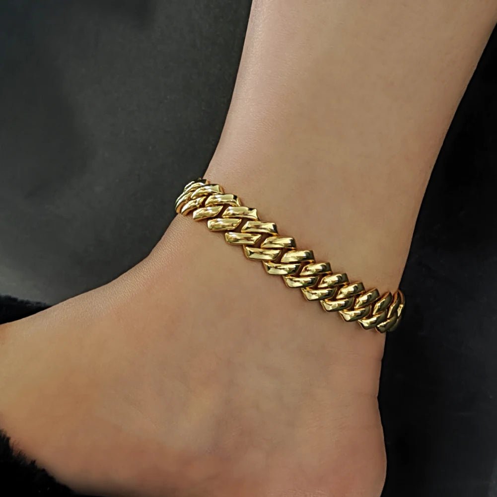 Summer 14MM Chunky Cuban Anklet For Women Gold - plated Rhombus Cuban Link Chain Anklets Beach Sandals Jewelry New - memorylane shop