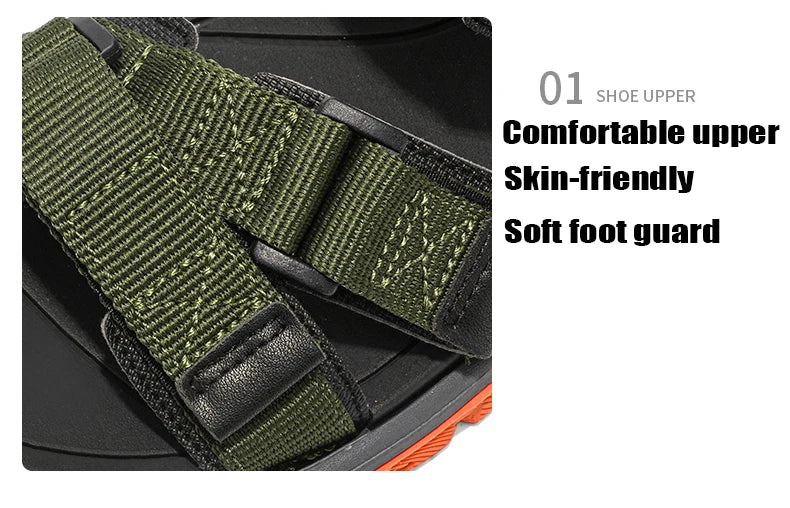 Close-up of green shoe upper with text on comfort and skin-friendliness