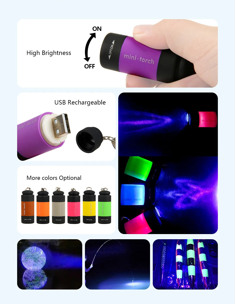 LETOYO UV Flashlights Led Mini USB Light Portable Rechargeable Waterproof Flashlight for squid jig metal jig fishing accessories