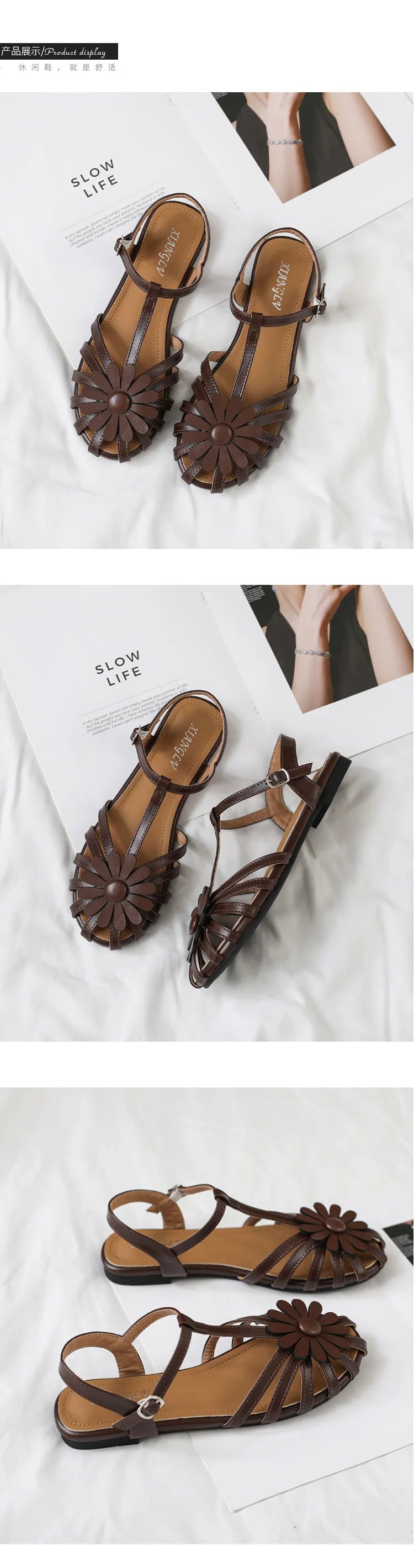 Pair of brown sandals with decorative elements on a white background