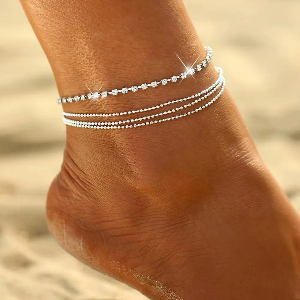 Women's Crystal Silver Chain Link Anklet – Barefoot Beach Jewelry