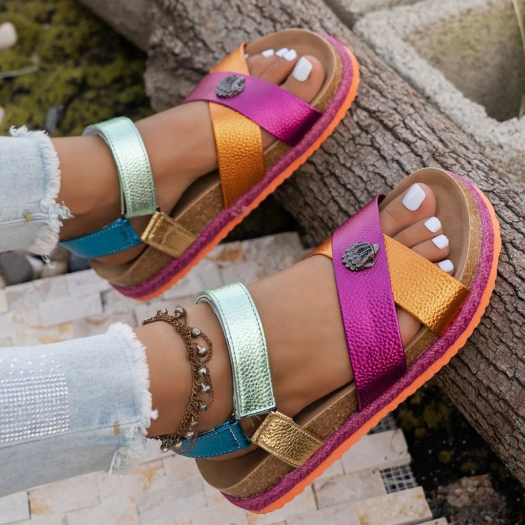 Summer Women Sandals 2026 Fashionable Color Ankle Strap Round Toe Thick Soled Female Shoes New Trendy Casual Comfort Sandals - memorylane shop