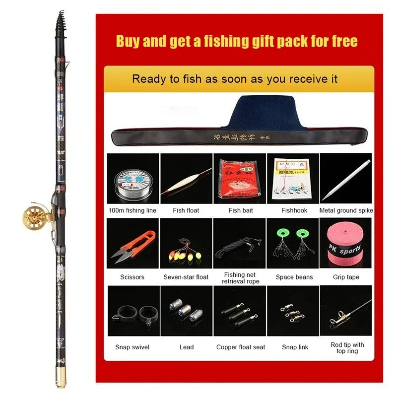 High Carbon Variable 4.5-10M Multi Positioning Hollow Fishing Rod and Reel Combo Set Ultralight Superhard Stream Hand Pole Set