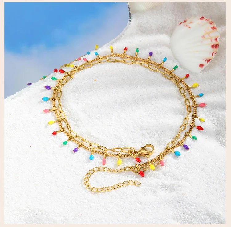 Summer Beach Boho Anklets for Women, Doule Layered Colorful Tassel Foot Chain Ankle,adjustable Leg Bracelets Bodychain Gifts - memorylane shop