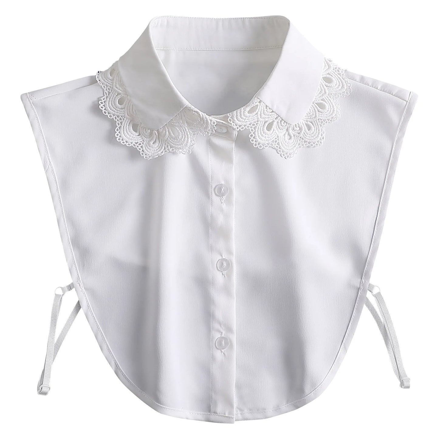 White lace collar attached to a white shirt on a white background