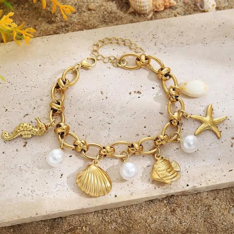 Summer Beach Stainless Steel Bracelets For Women Starfish Shell Ocean Style Pendant Bohemian Jewelry Gift Fashionable ResortWear - memorylane shop