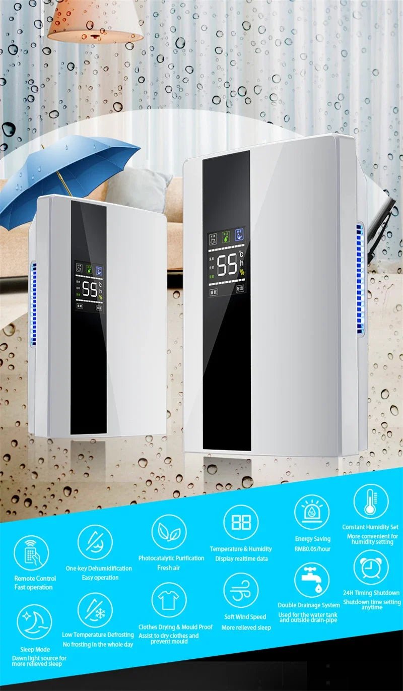 2 in 1 Dehumidifier and Air Purifier Moisture Absorber Household Mute Bedroom Basement Remote Control Timing External Water Pipe - memorylane shop
