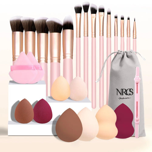 Set of 25 professional makeup tools, including makeup brushes, eyebrow trimmers, plush bags, powder puffs, sponge balls - memorylane shop
