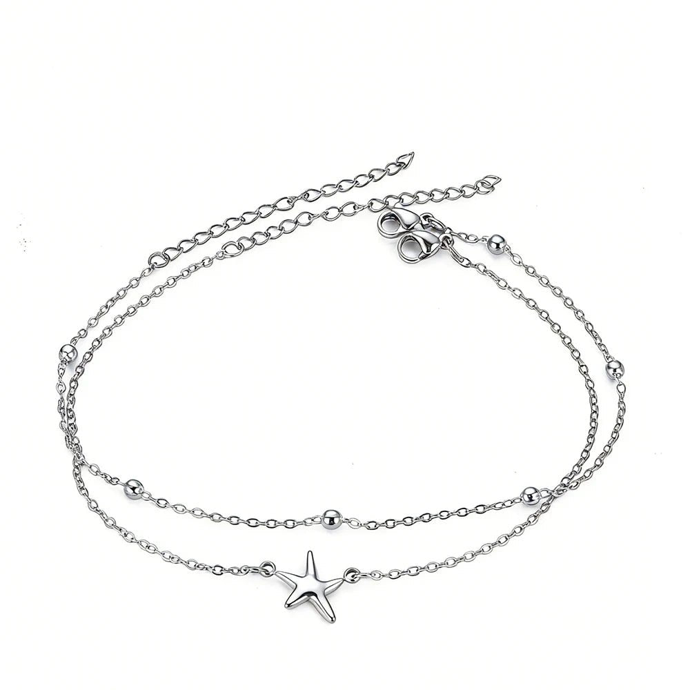 Summer Beach Starfish Pendant Anklet: Stainless Steel Women’s Double - Strand Beaded Anklet – Bohemian - Style Beach Footwear Gift - memorylane shop