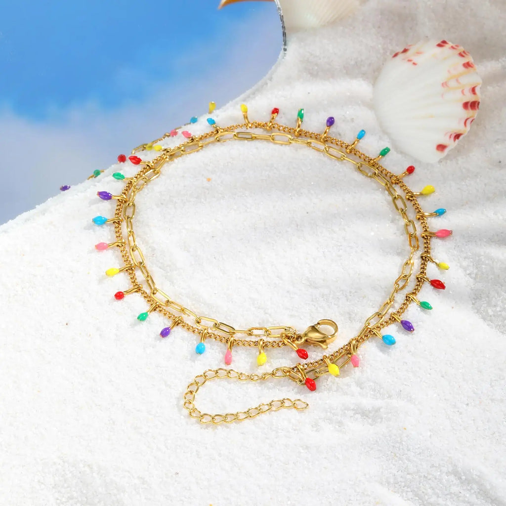Summer Beach Boho Anklets for Women, Doule Layered Colorful Tassel Foot Chain Ankle,adjustable Leg Bracelets Bodychain Gifts - memorylane shop