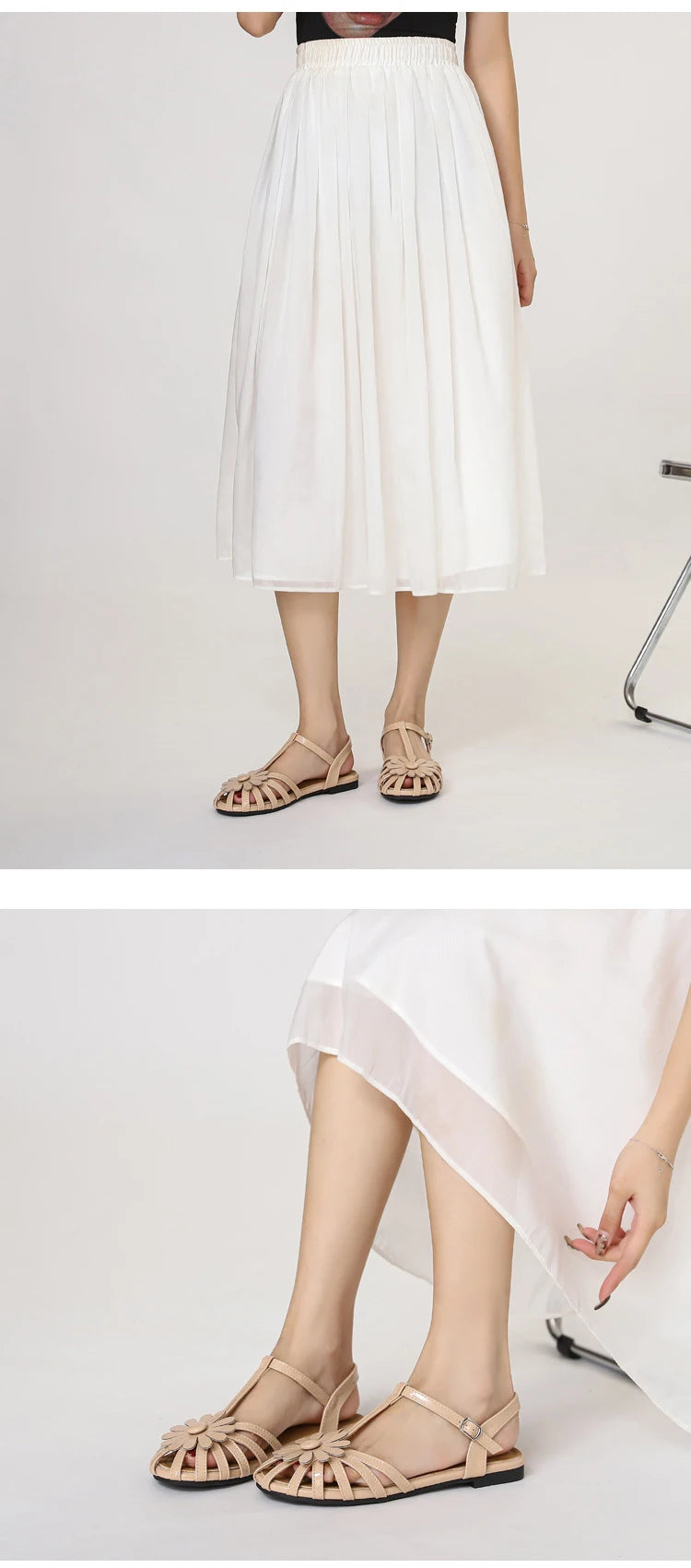 White pleated skirt and beige sandals on a white background